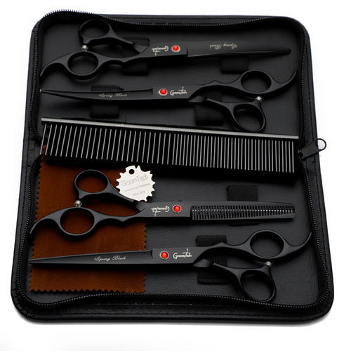 Groomtech Spring Black Pet Grooming Scissors Kit, Set of 4 with Comb